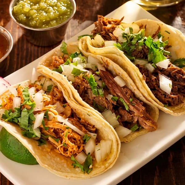 Three delicious tacos, two with beef and one with chicken, garnished with onions and cilantro, served with salsas and radishes.