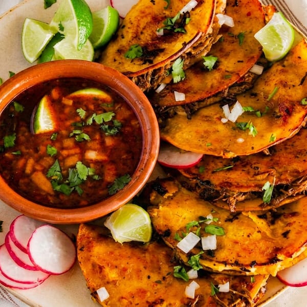 Plate of birria tacos with a side of consommé, lime wedges, and sliced radishes.