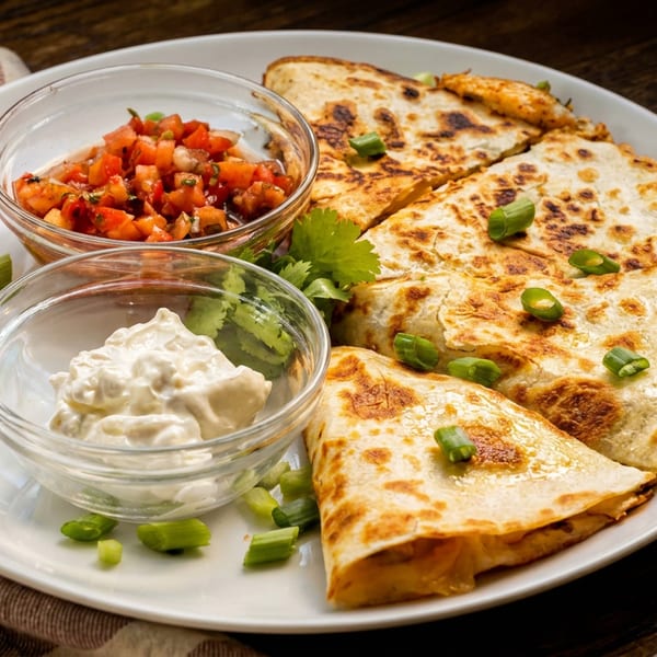 Golden-brown quesadilla wedges with green onions, salsa, and sour cream on a white plate.