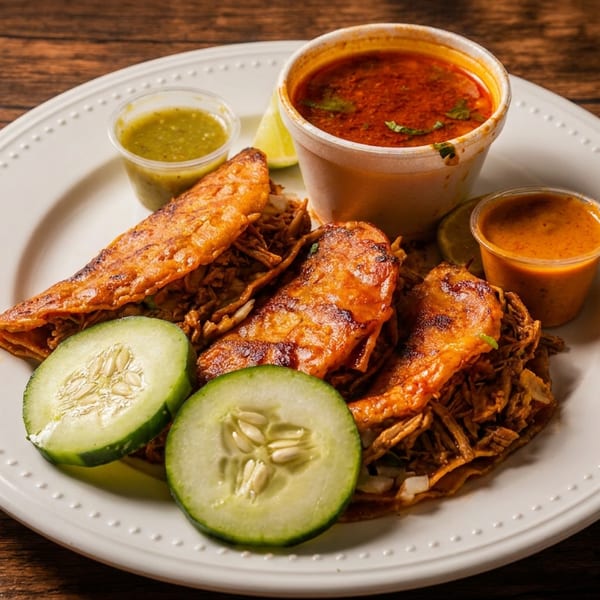 Three birria tacos with consommé, green and red salsa, and cucumber slices on a white plate.