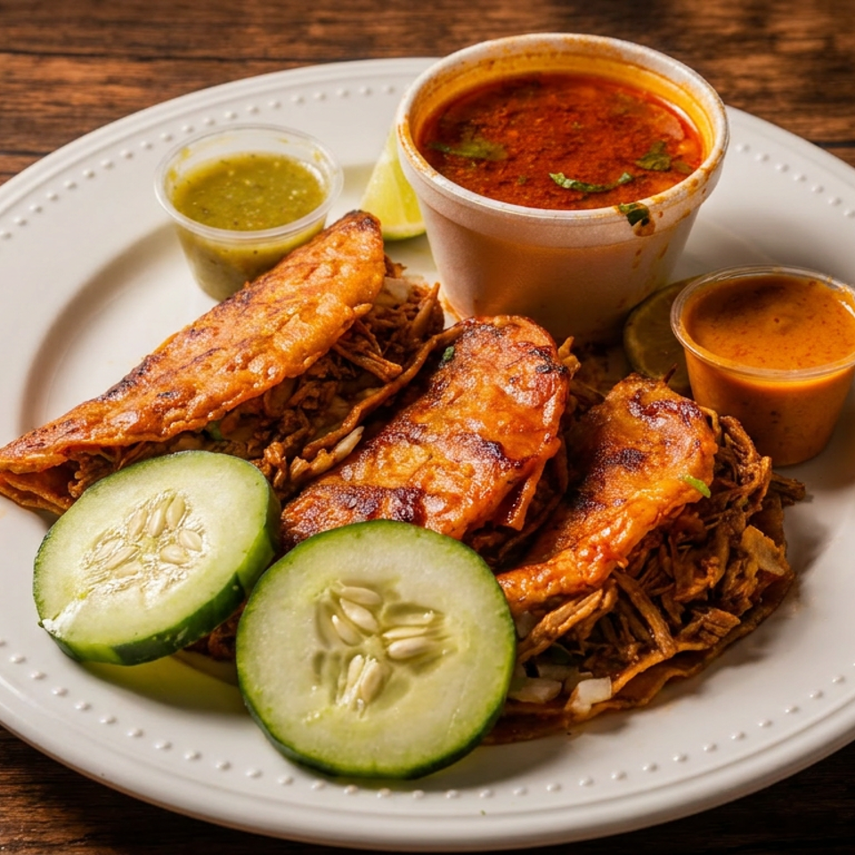 Three birria tacos with consommé, green and red salsa, and cucumber slices on a white plate.