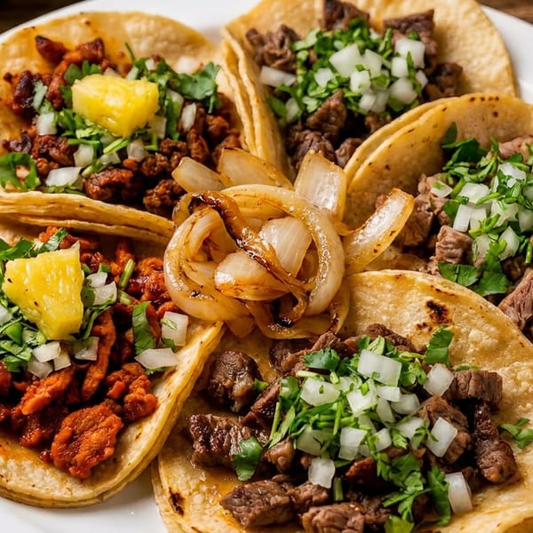 A white plate holds five tacos: two al pastor with pineapple, two carne asada, and one with grilled onions.