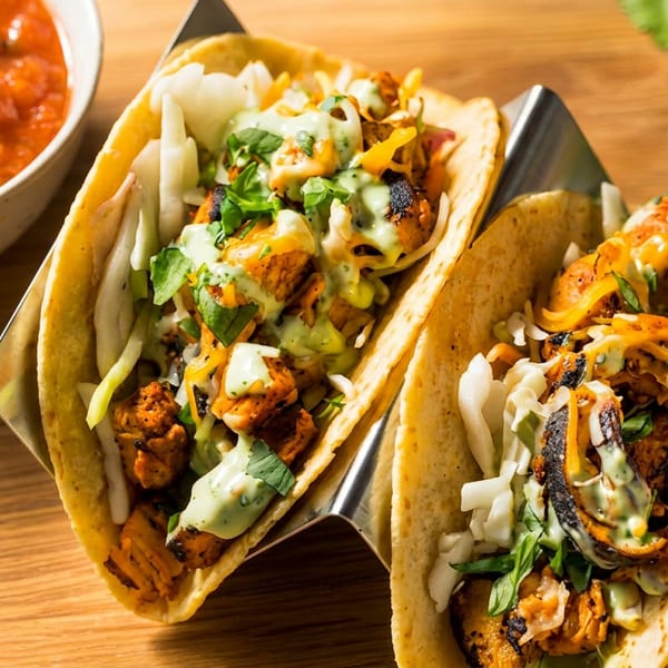 Three chicken tacos with green sauce, cabbage, and cilantro, next to a bowl of salsa.