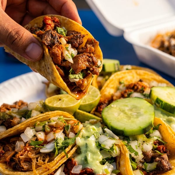 A hand holds a taco over a plate of tacos with lime, cucumber, and a to-go box.