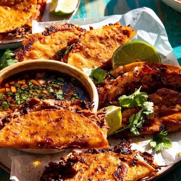 Crispy birria tacos with consome, lime, and beer bottles on a vibrant blue wooden table.