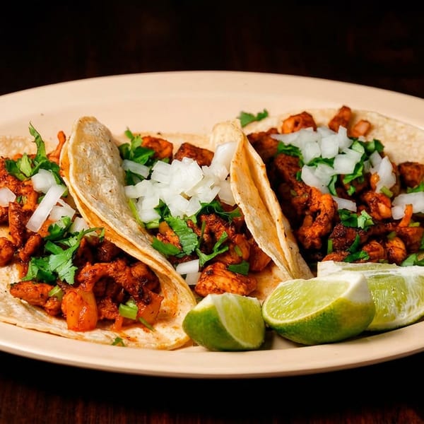Three chicken tacos with onions, cilantro, and lime wedges on a beige plate.